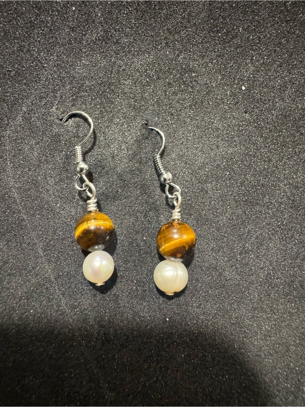 Handmade Tiger's Eye and freshwater Pearl Drop Earrings - Brown & White